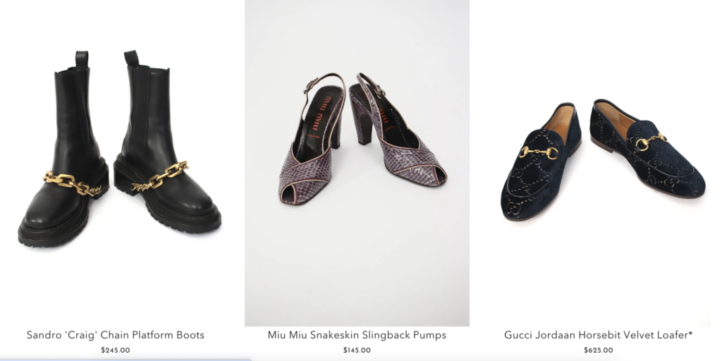 A screenshot of three pairs of shoes from Mercy Vintage. On the left is a pair of boots with chain on them. In the middle is a pair of purple slingback pumps. On the right is a pair of Gucci loafers.